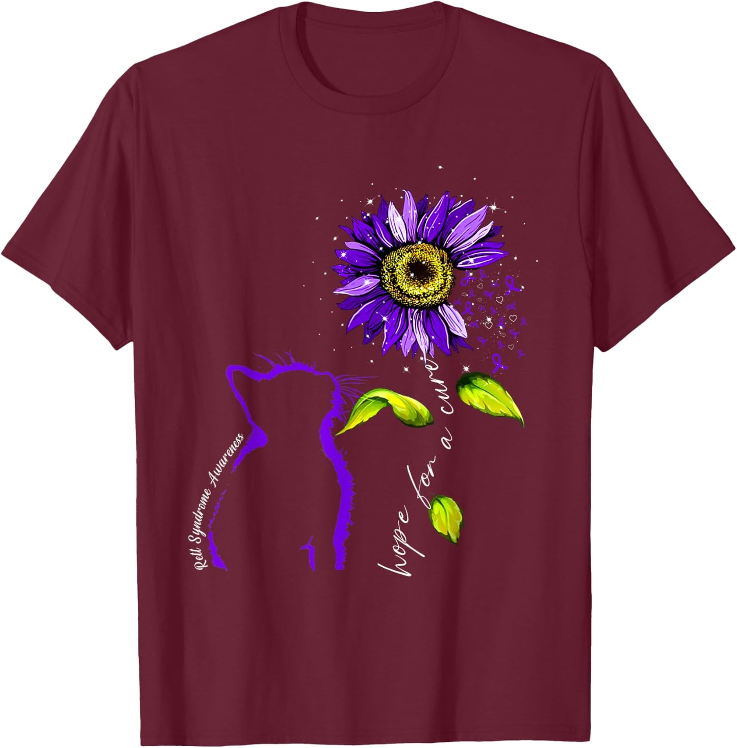 Sunflower Cat Purple Rett Syndrome Awareness Men Women T-Shirt - T-Shirt | Maroon