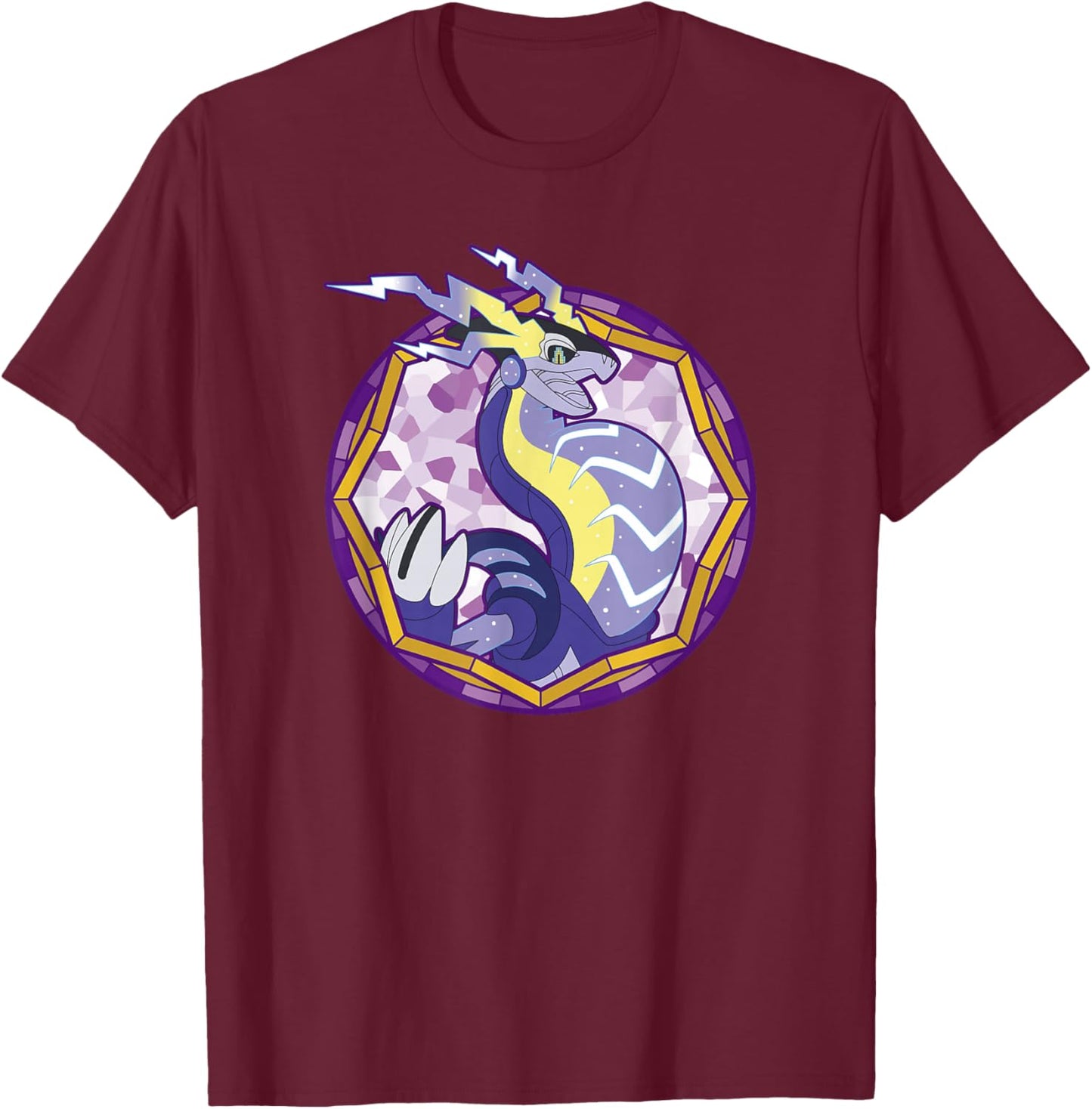 Pokémon Miraidon Legendary Paradox Violet Stained Glass Logo T-Shirt - T-Shirt | Maroon