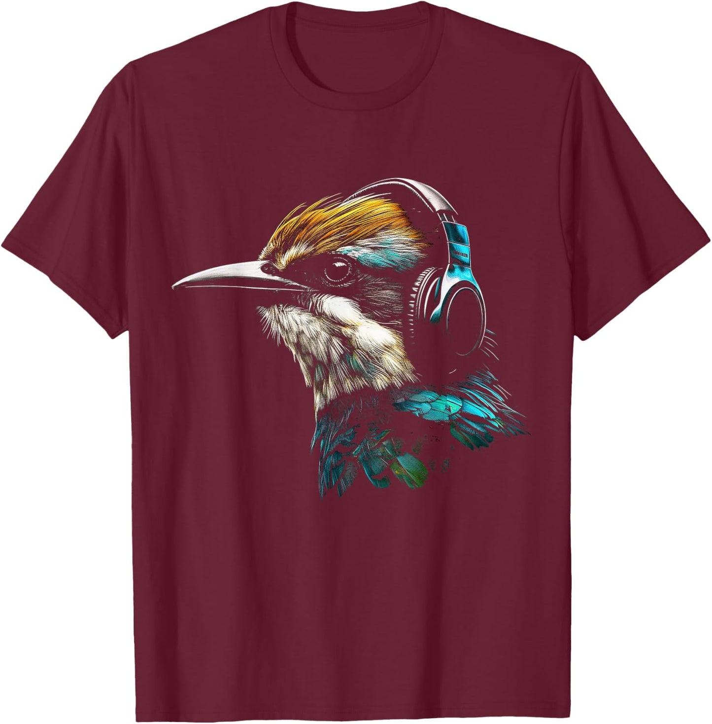 Bird Headphones Artwork | Music Animal Motif Bird T-Shirt - T-Shirt | Maroon