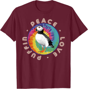 Vintage Retro Style Atlantic Sea Bird Fly Peace Love Puffin T-Shirt - T-Shirt | Maroon