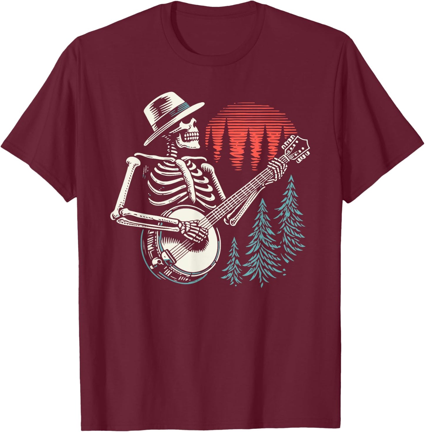 Minimalist Skeleton Skull Banjo Player T-Shirt - T-Shirt | Maroon