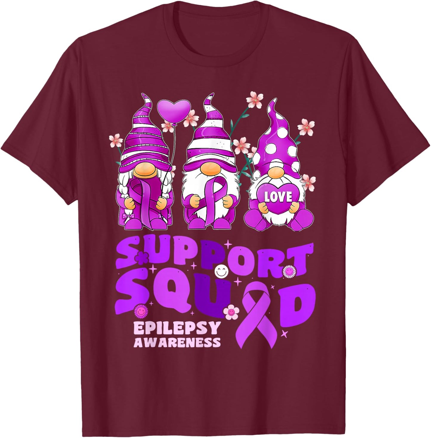 Support Squad Epilepsy Awareness Gnome Ribbon Flower Groovy T-Shirt - T-Shirt | Maroon
