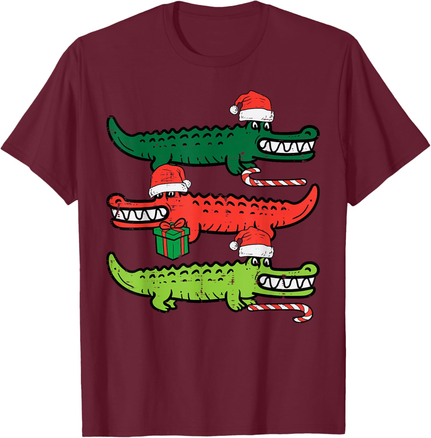 3 Christmas Crocodiles Santa Xmas Alligator Men Women Kids T-Shirt - T-Shirt | Maroon