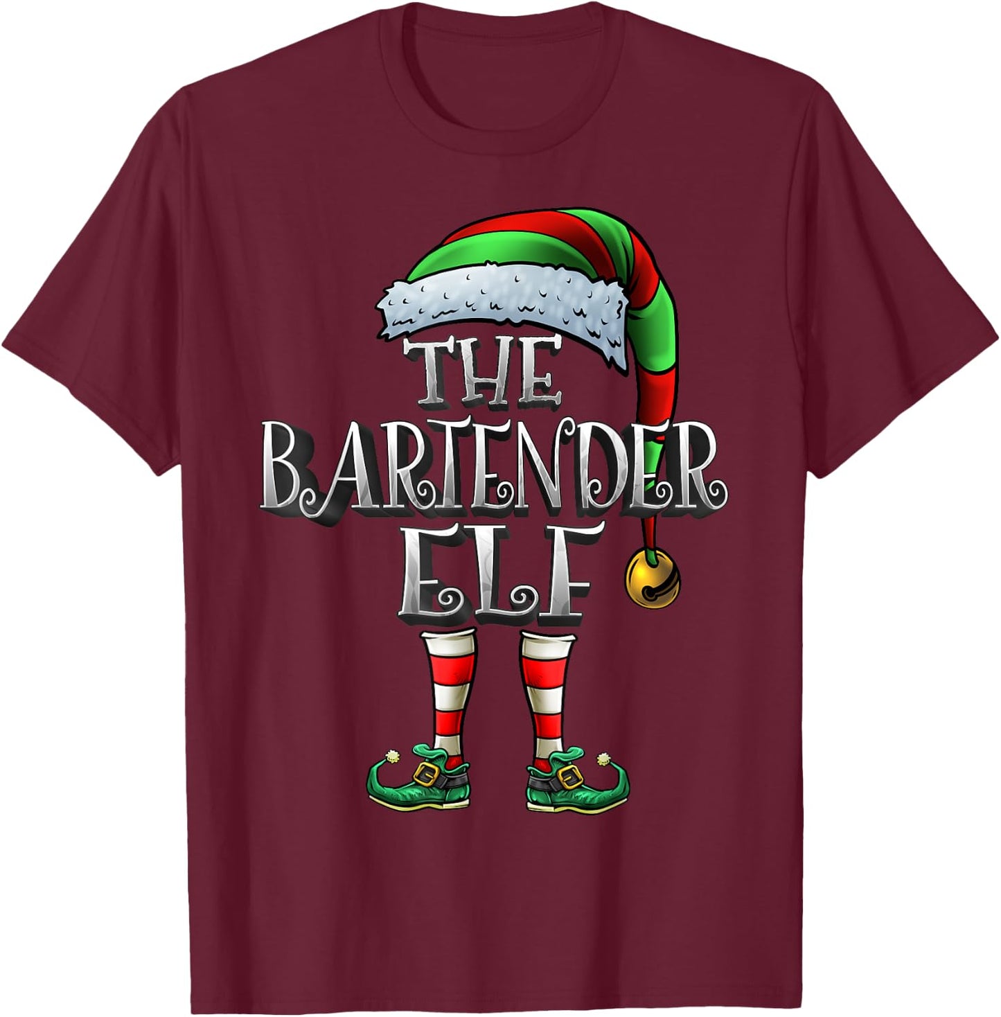 Bartender Elf Shirt Matching Family Bartender Christmas Elf T-Shirt - T-Shirt | Maroon