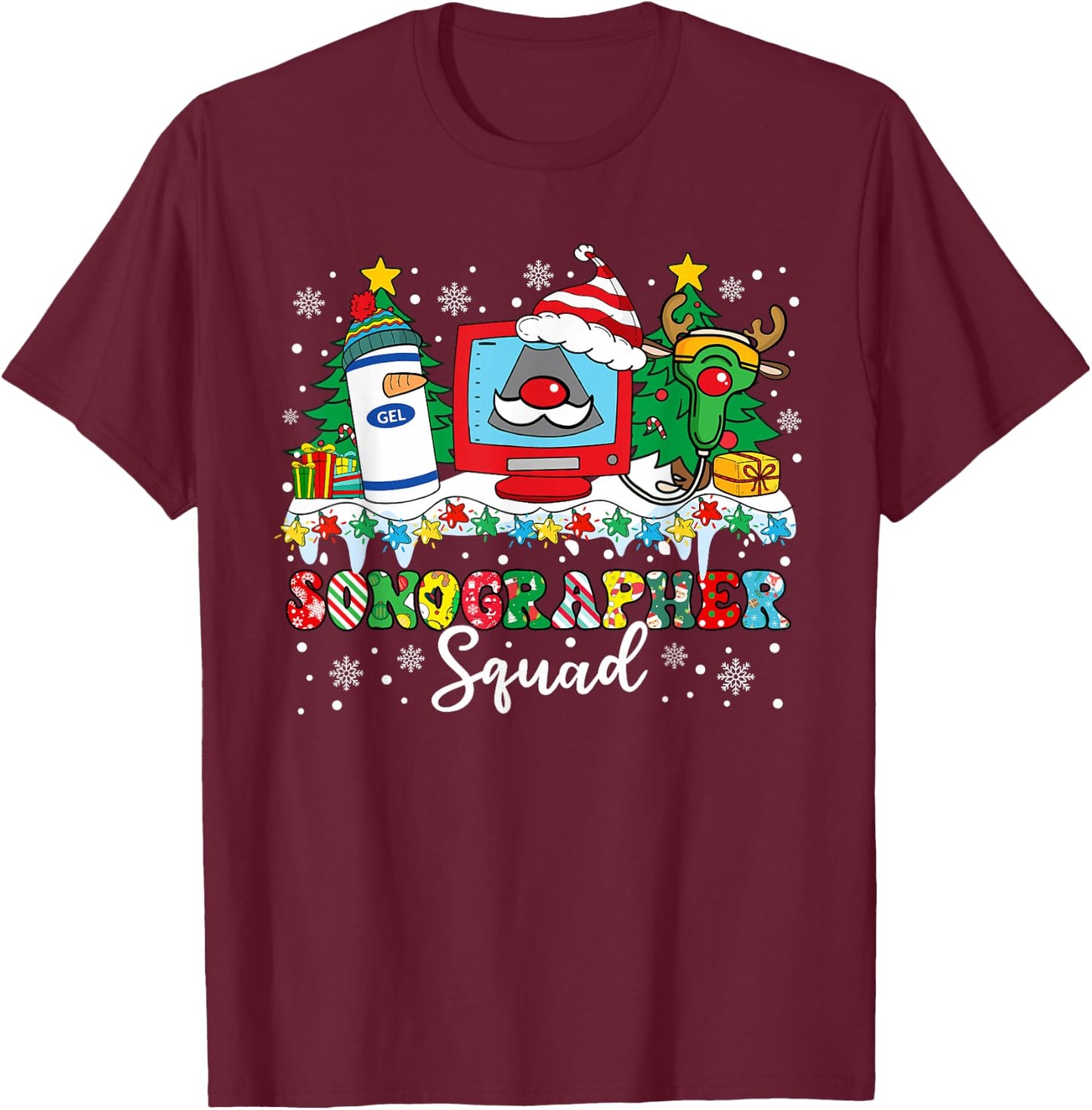 Sonographer Squad Ultrasound Machine Santa Hat Christmas T-Shirt - T-Shirt | Maroon