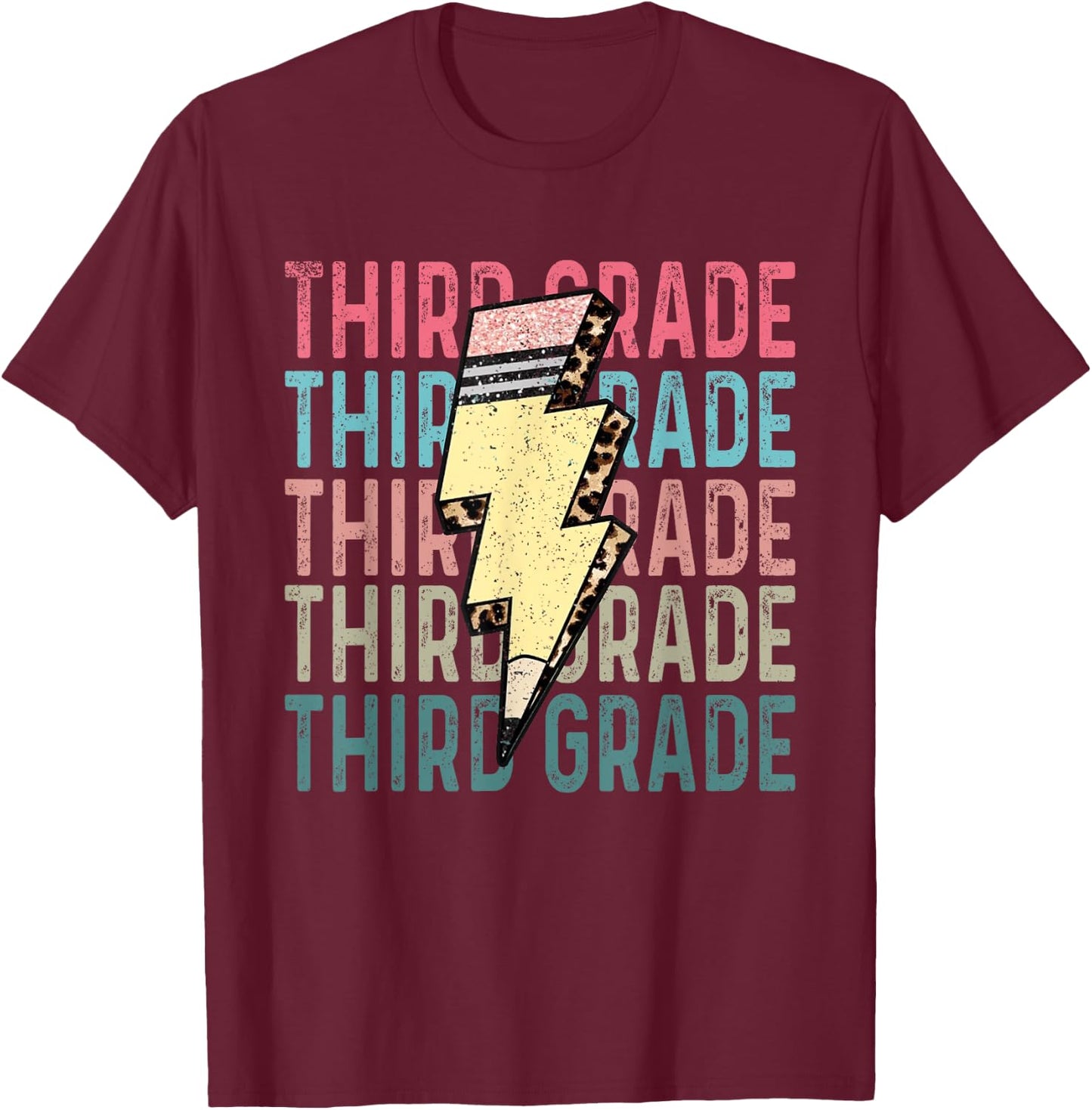 Retro Third Grade Teacher Lightning Bolt Pencil Teacher Kids T-Shirt - T-Shirt | Maroon
