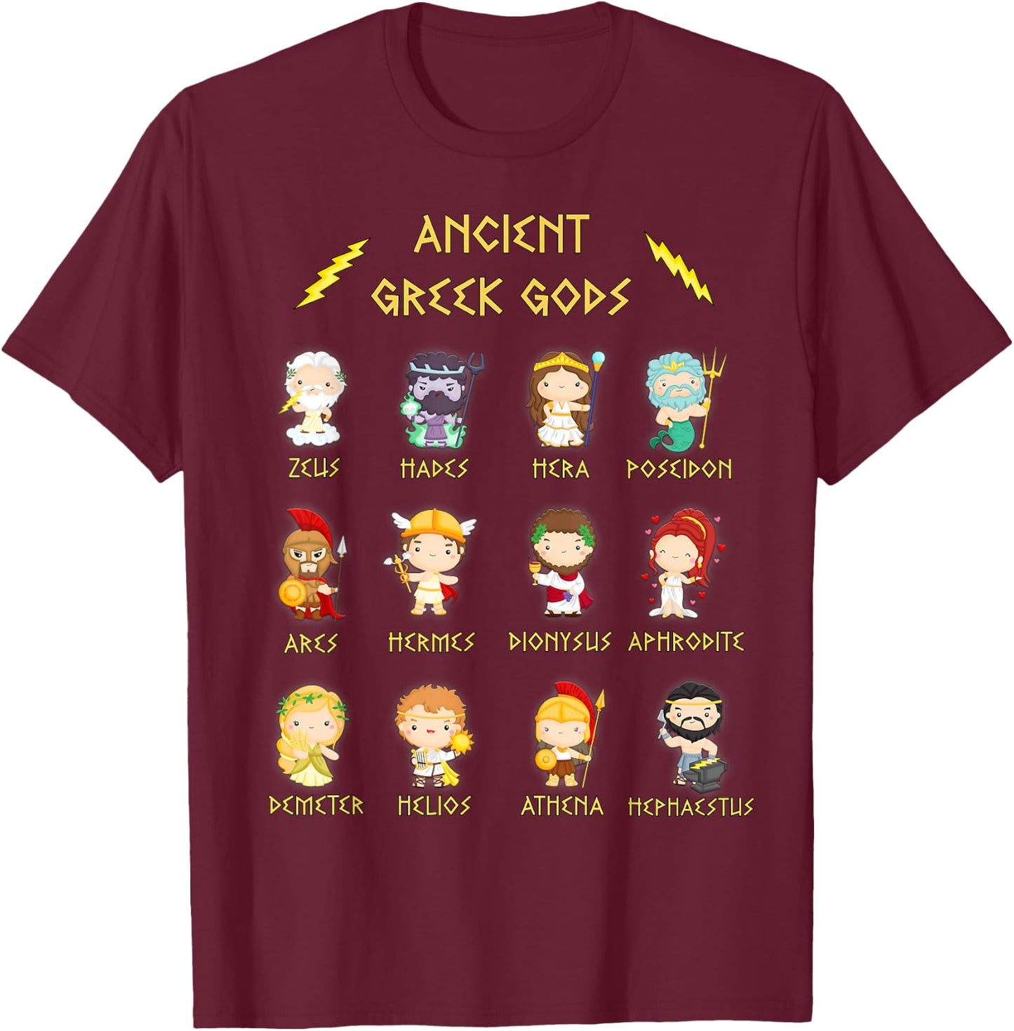 Greek Gods Cute Kawaii, Ancient Mythology Olympus T-Shirt - T-Shirt | Maroon