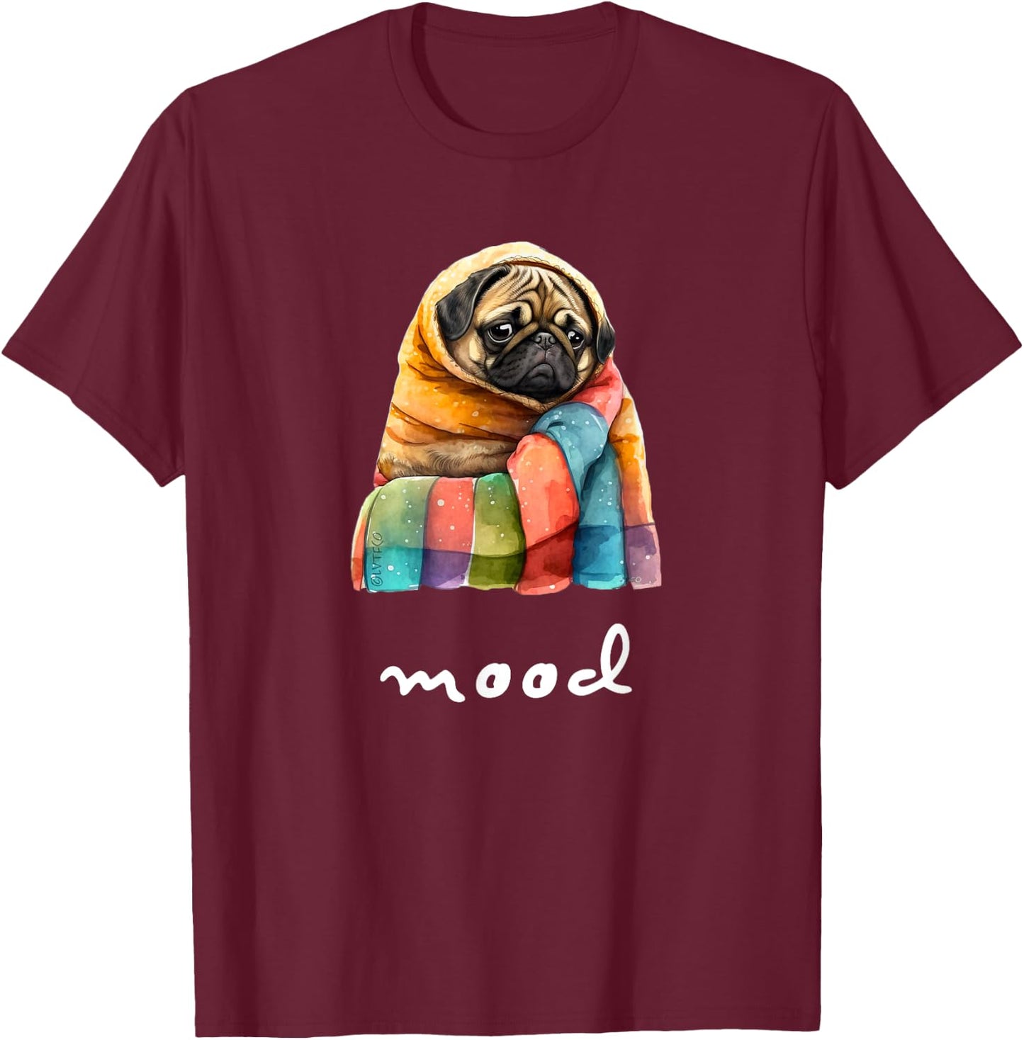 Funny Moody Pug in Cozy Blanket Cute Character T-Shirt - T-Shirt | Maroon