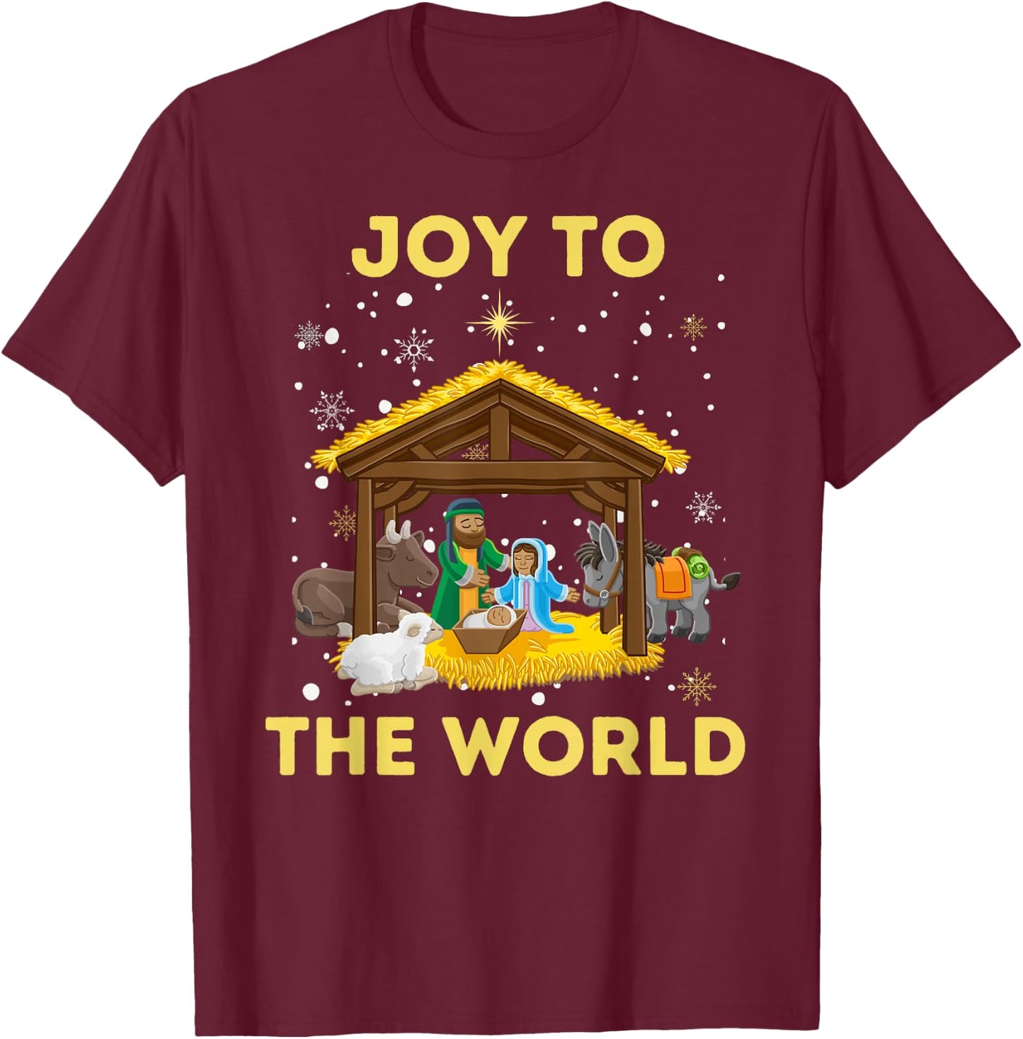 Christmas Nativity Christian Birth Of Jesus Joy To The World T-Shirt - T-Shirt | Maroon