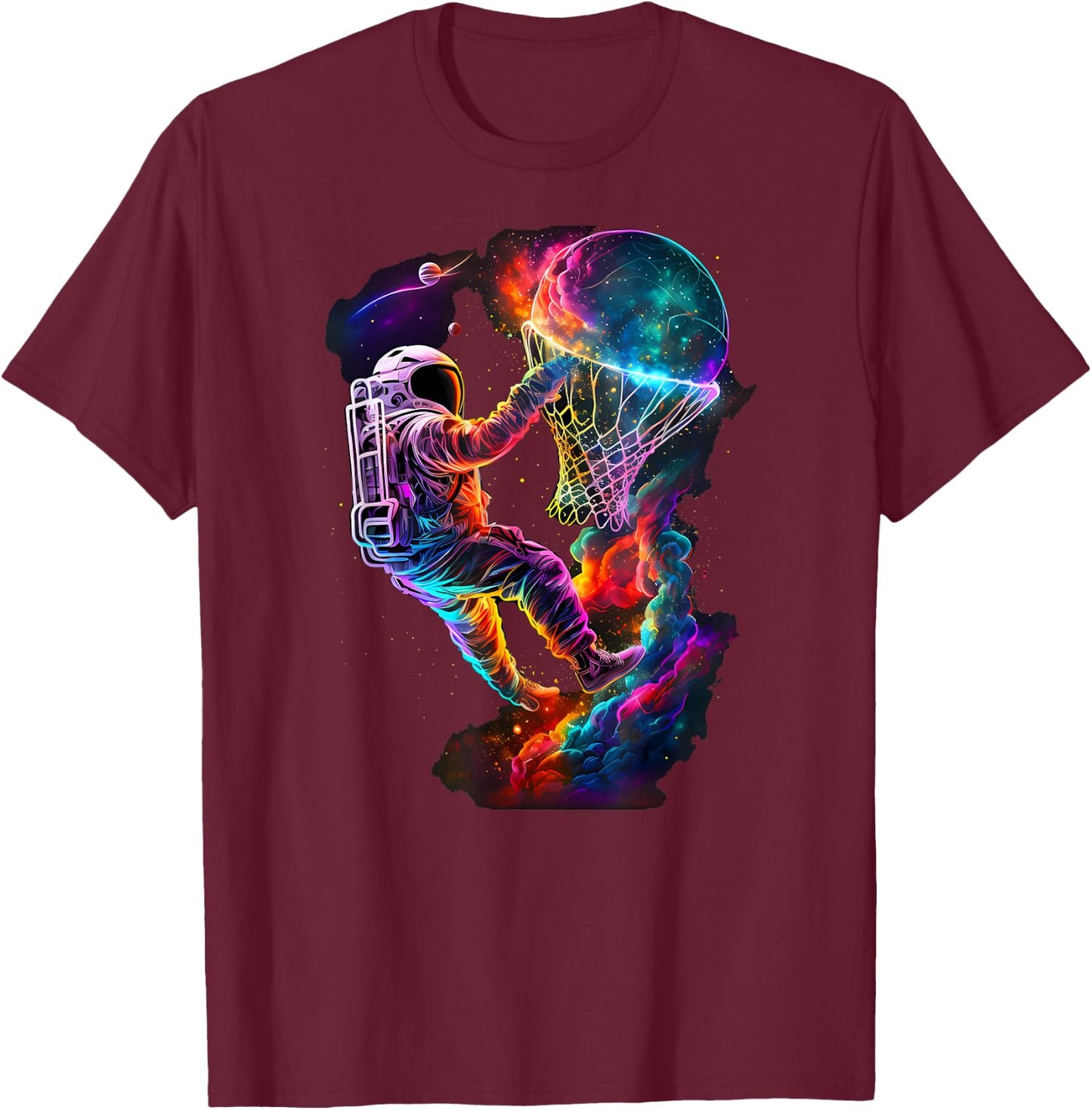 Astronaut Dunking a Basketball Player Outer Space Cosmic T-Shirt - T-Shirt | Maroon