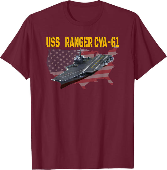 Aircraft Carrier USS Ranger CVA-61 Veterans Day Father's Day T-Shirt - T-Shirt | Maroon