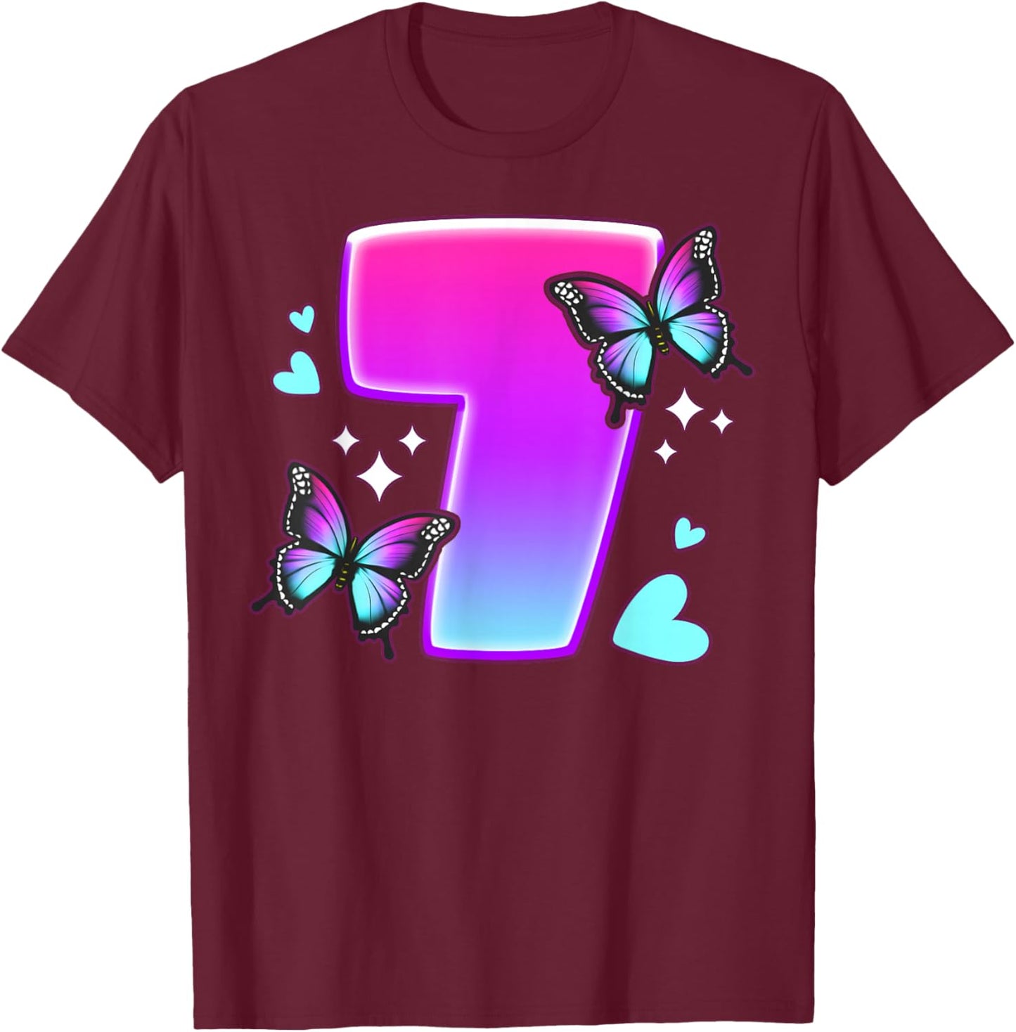Birthday Girl 7 Years, Butterflies and Number 7 T-Shirt - T-Shirt | Maroon