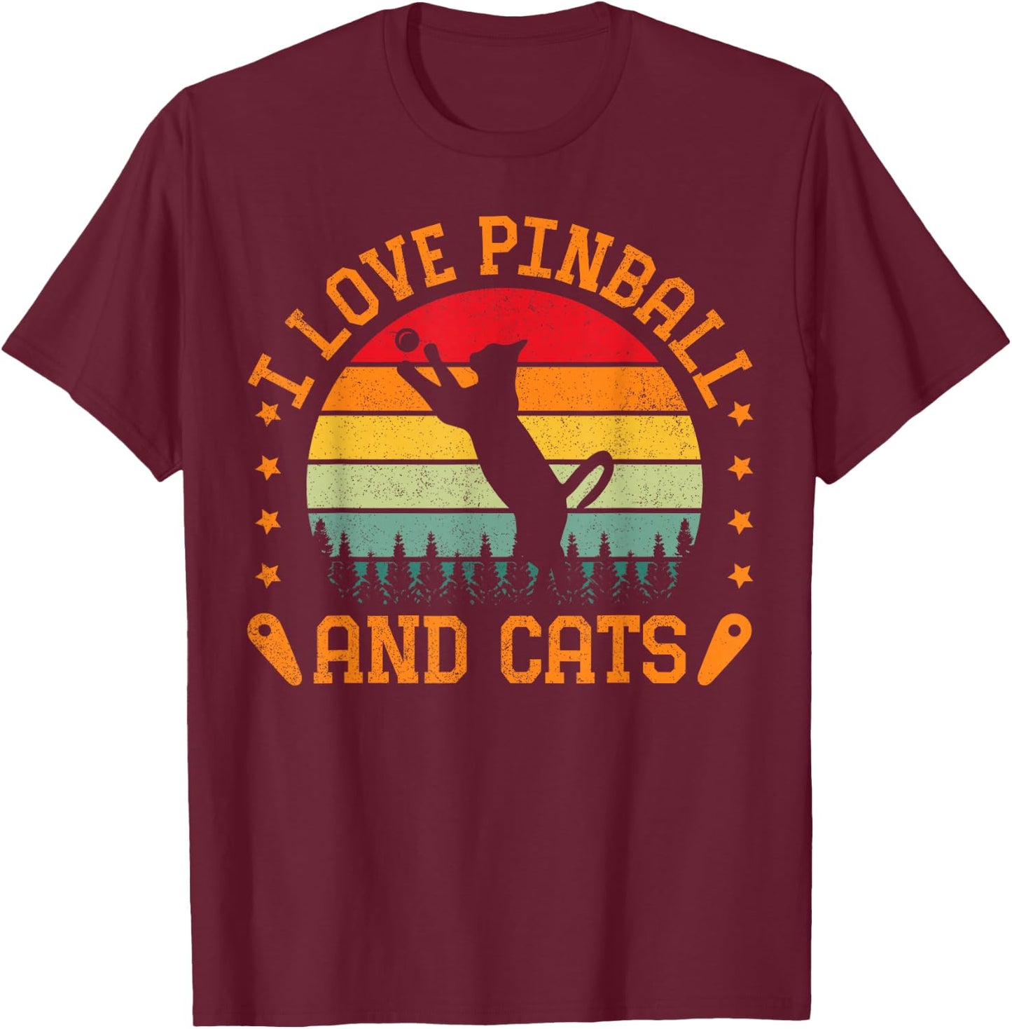 Retro Sunset I Love Pinball And Cats Pinball Machine Gamer T-Shirt - T-Shirt | Maroon