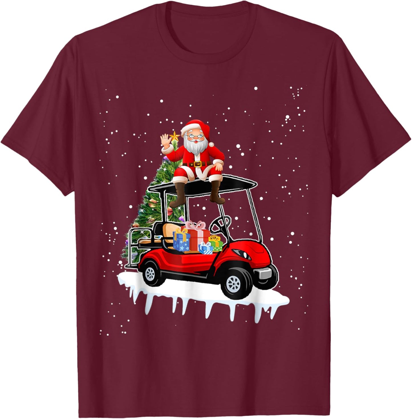 Funny Golfing Christmas Holiday Golf Cart Santa Xmas T-Shirt - T-Shirt | Maroon