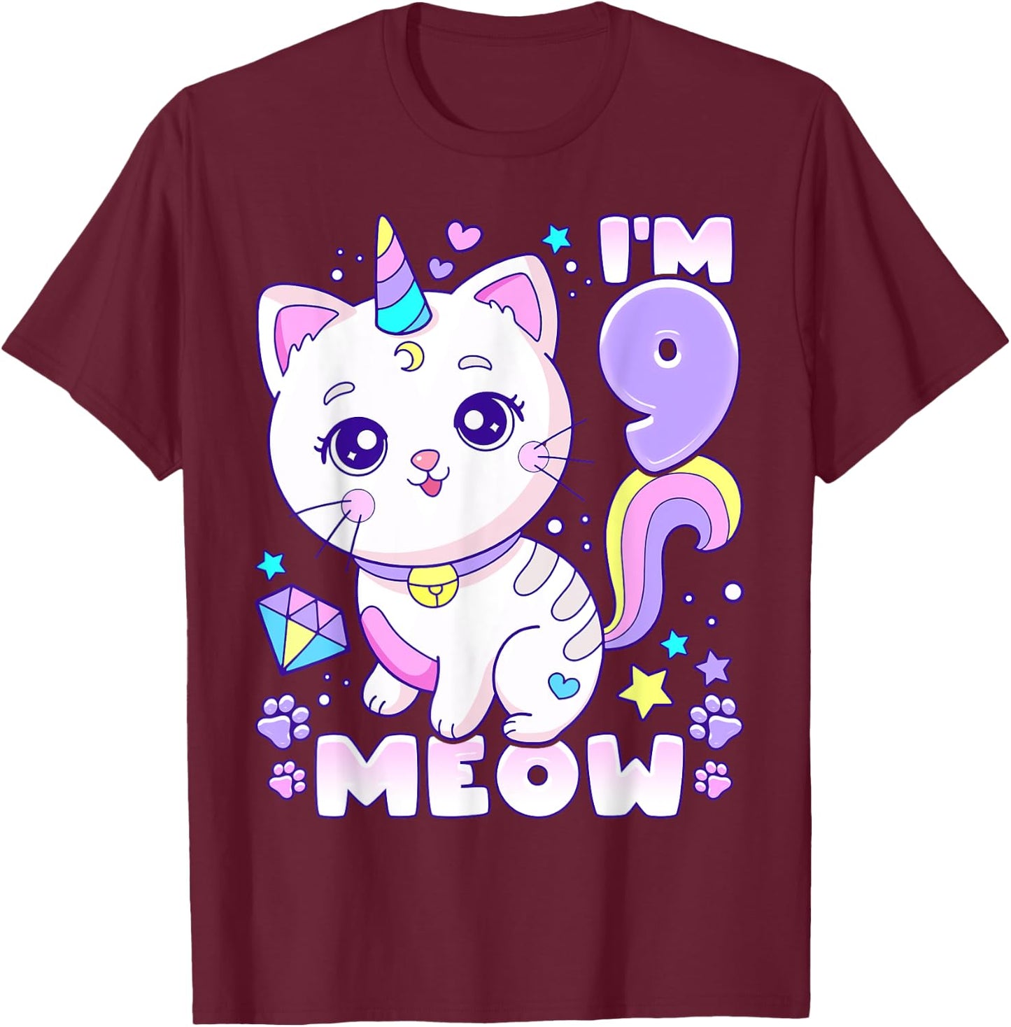 Birthday girl 9 years old, cat, unicorn, 9th birthday T-Shirt - T-Shirt | Maroon