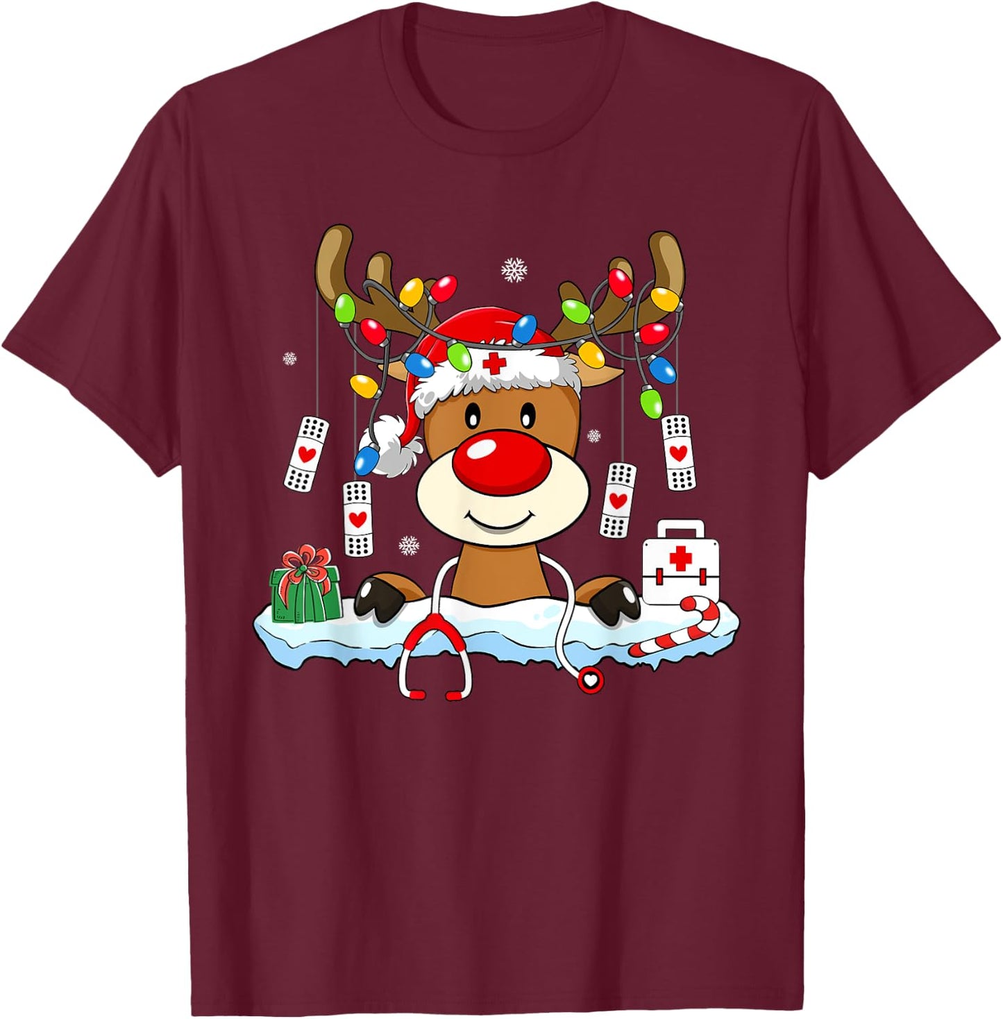 Family Christmas Shirts Gift Ideas Nurse Christmas Reindeer Stethoscope Nursing Matching Xmas T-Shirt - T-Shirt | Maroon