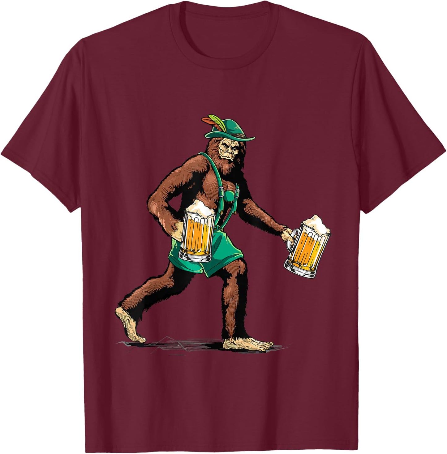 Bigfoot Lederhosen Prost Beer Mug Funny Ape Art Animal Lover T-Shirt - T-Shirt | Maroon