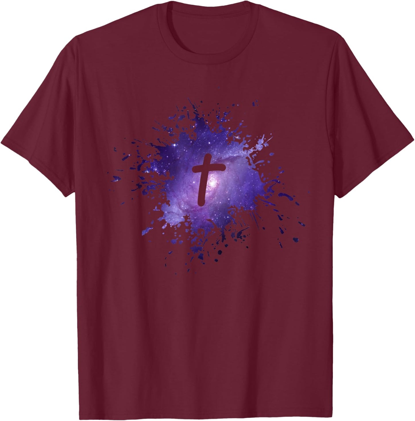 Purple Galaxy Splatter Design with Cross Christian Men Women T-Shirt - T-Shirt | Maroon