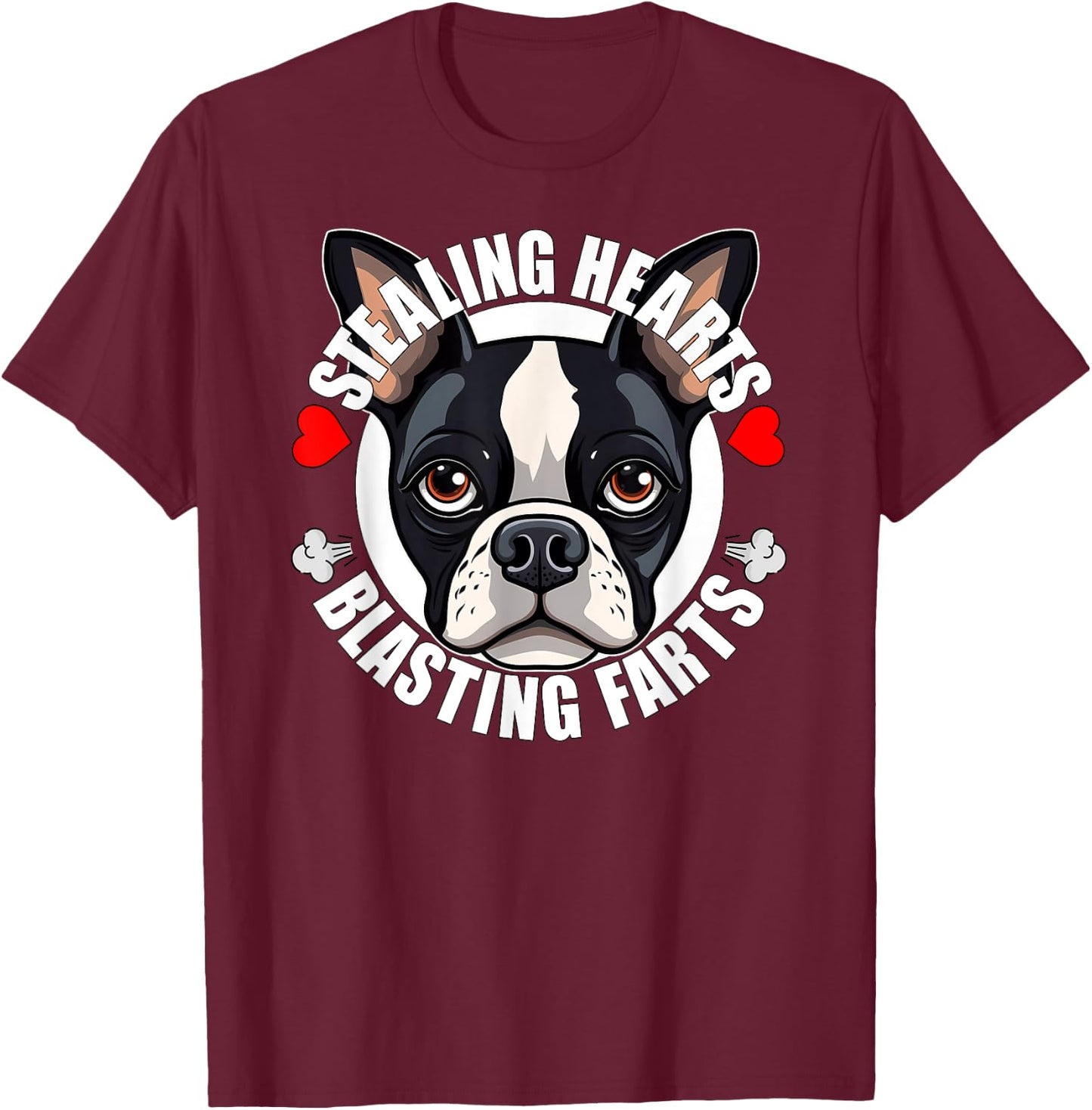 Funny Boston Terrier Stealing Hearts Blasting Farts Cute Dog Men Women Girls Kids T-Shirt - T-Shirt | Maroon
