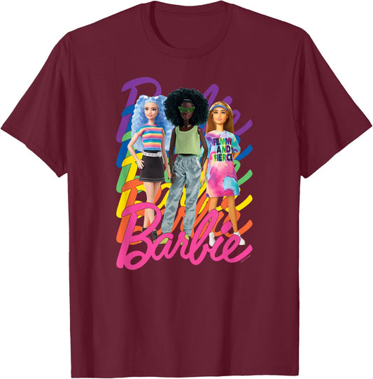 Barbie - Pride Rainbow Logo 3 Dolls T-Shirt - T-Shirt | Maroon