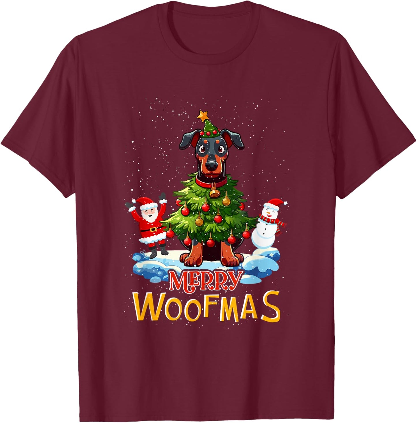 Doberman Merry Christmas Tree Lights Dog X-Mas Dogs T-Shirt - T-Shirt | Maroon