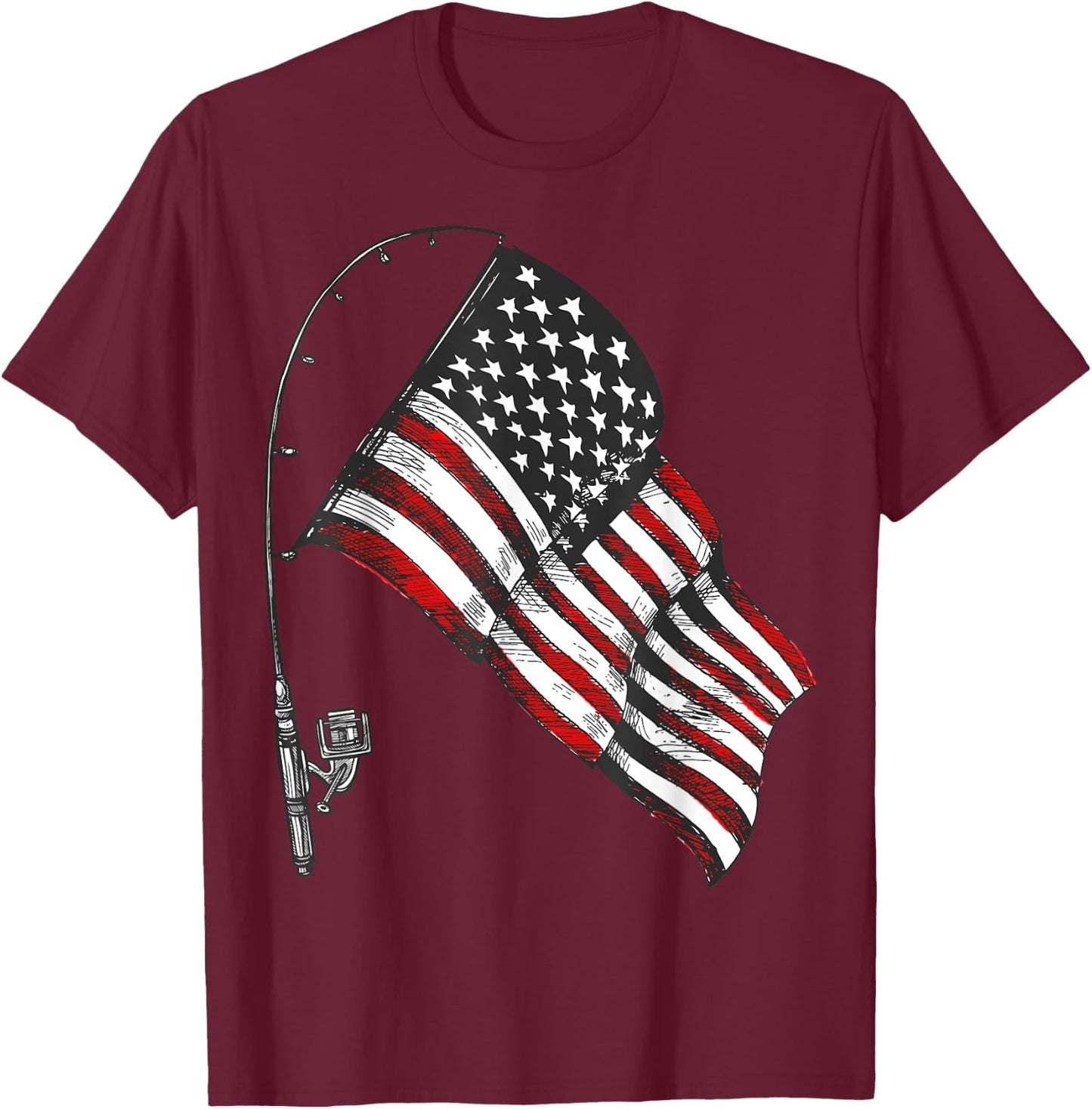 Vintage American Flag Fishing Rod Fishing Lover Fisherman T-Shirt - T-Shirt | Maroon
