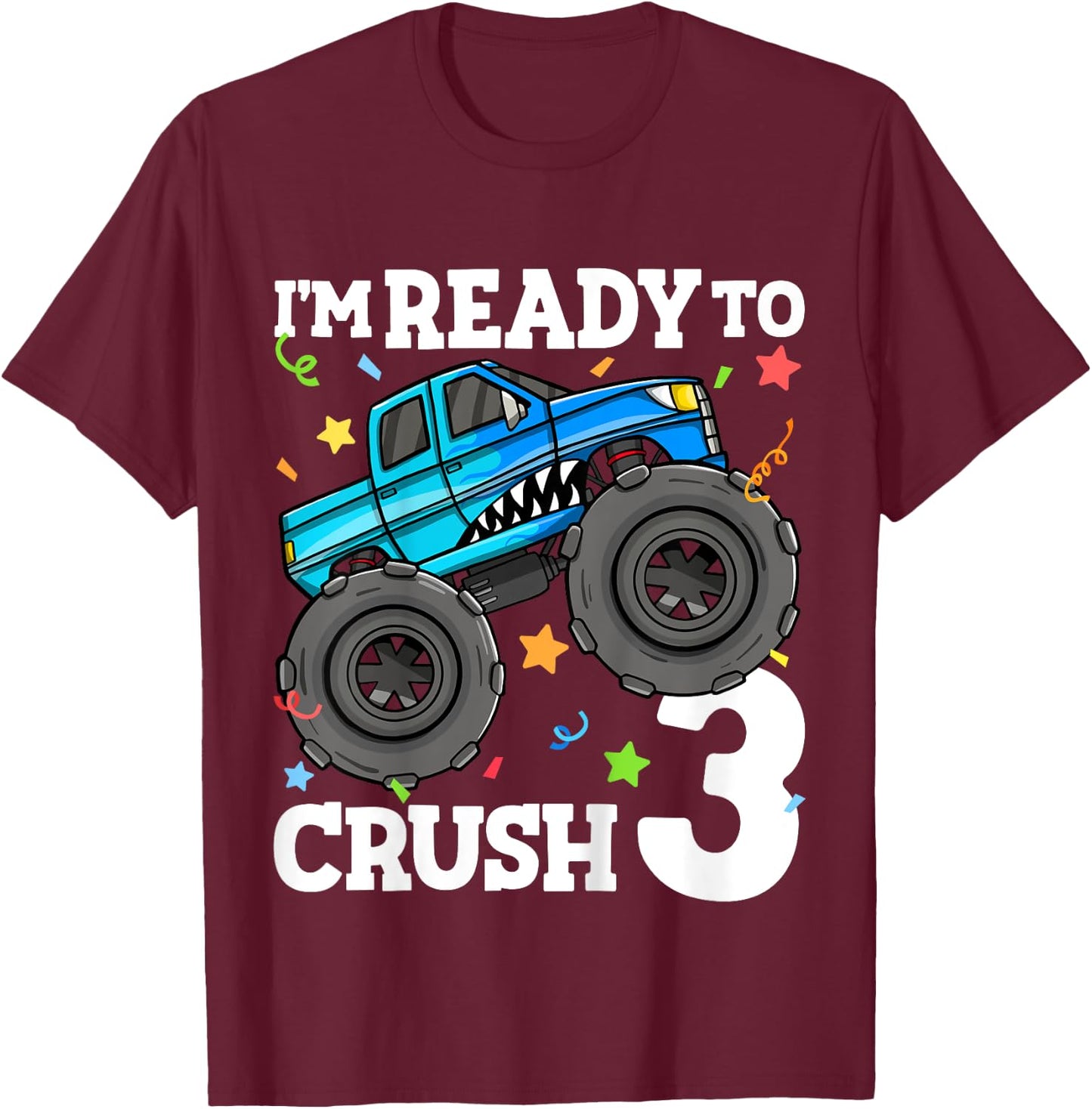 Kids Monster Truck Shark 3rd Birthday Boy Toddler 3 Three T-Shirt - T-Shirt | Maroon