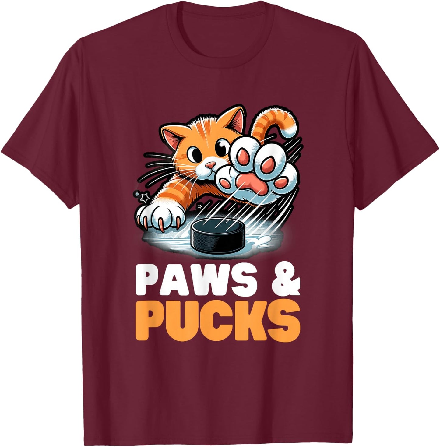 Funny Paws And Pucks Purr Feline Ice Hockey Cat T-Shirt - T-Shirt | Maroon