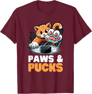 Funny Paws And Pucks Purr Feline Ice Hockey Cat T-Shirt - T-Shirt | Maroon