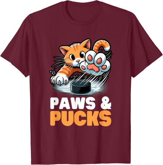 Funny Paws And Pucks Purr Feline Ice Hockey Cat T-Shirt - T-Shirt | Maroon