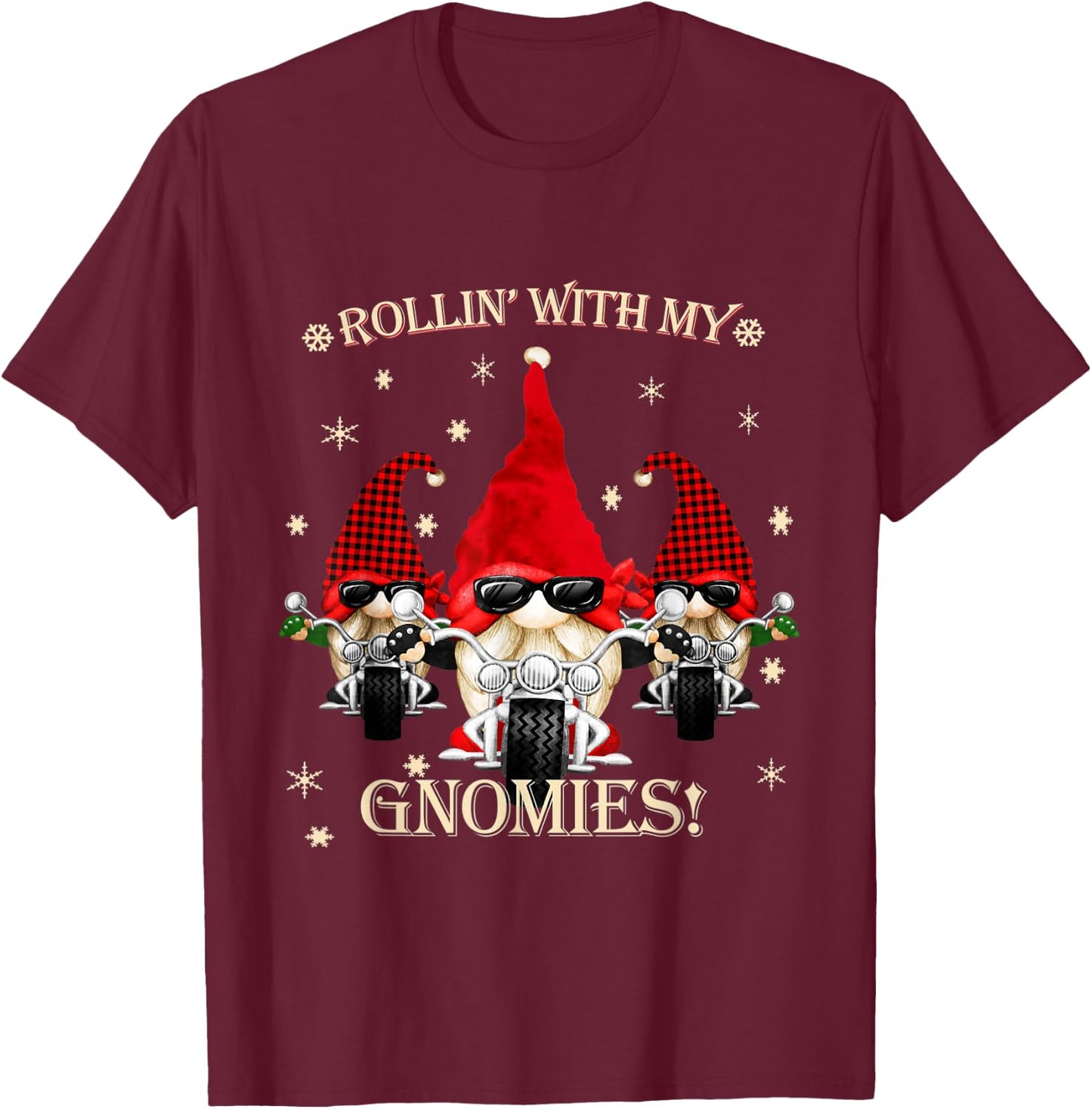 Biker Christmas gnomes Biker Garden Christmas Gnome Elves T-Shirt - T-Shirt | Maroon