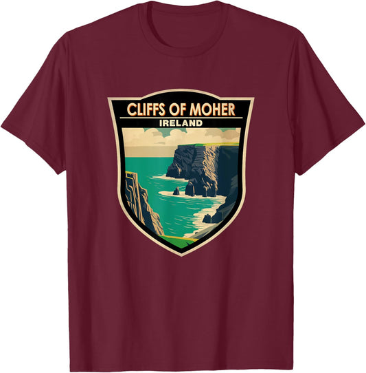 Cliffs of Moher Ireland Landmark Badge Vintage T-Shirt - T-Shirt | Maroon