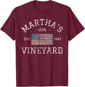 Martha's Vineyard Massachusetts American Flag USA Vintage T-Shirt - T-Shirt | Maroon