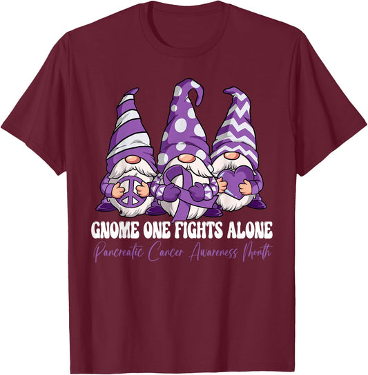 Gnome One Fights Alone Pancreatic Cancer Awareness Month T-Shirt - T-Shirt | Maroon