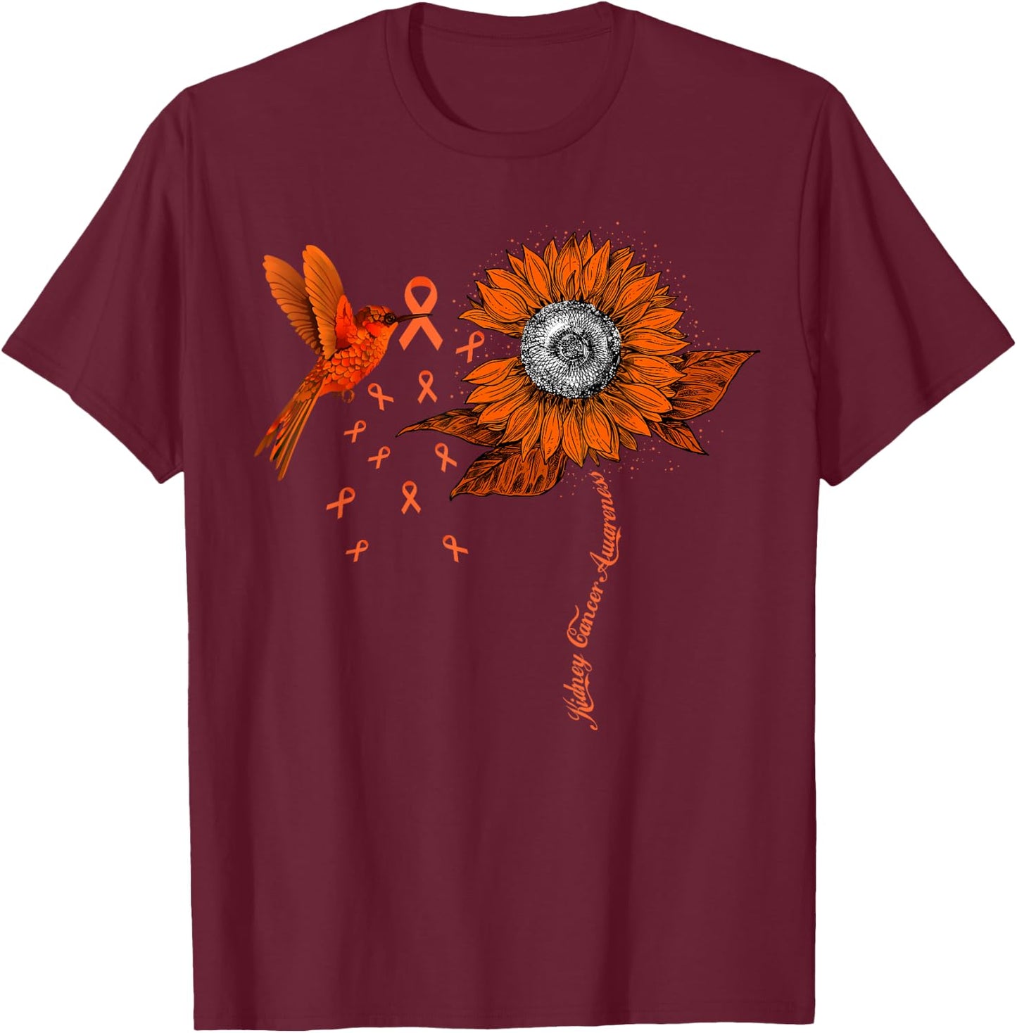 Hummingbird Holding Orange Ribbon Kidney Cancer Awareness T-Shirt - T-Shirt | Maroon