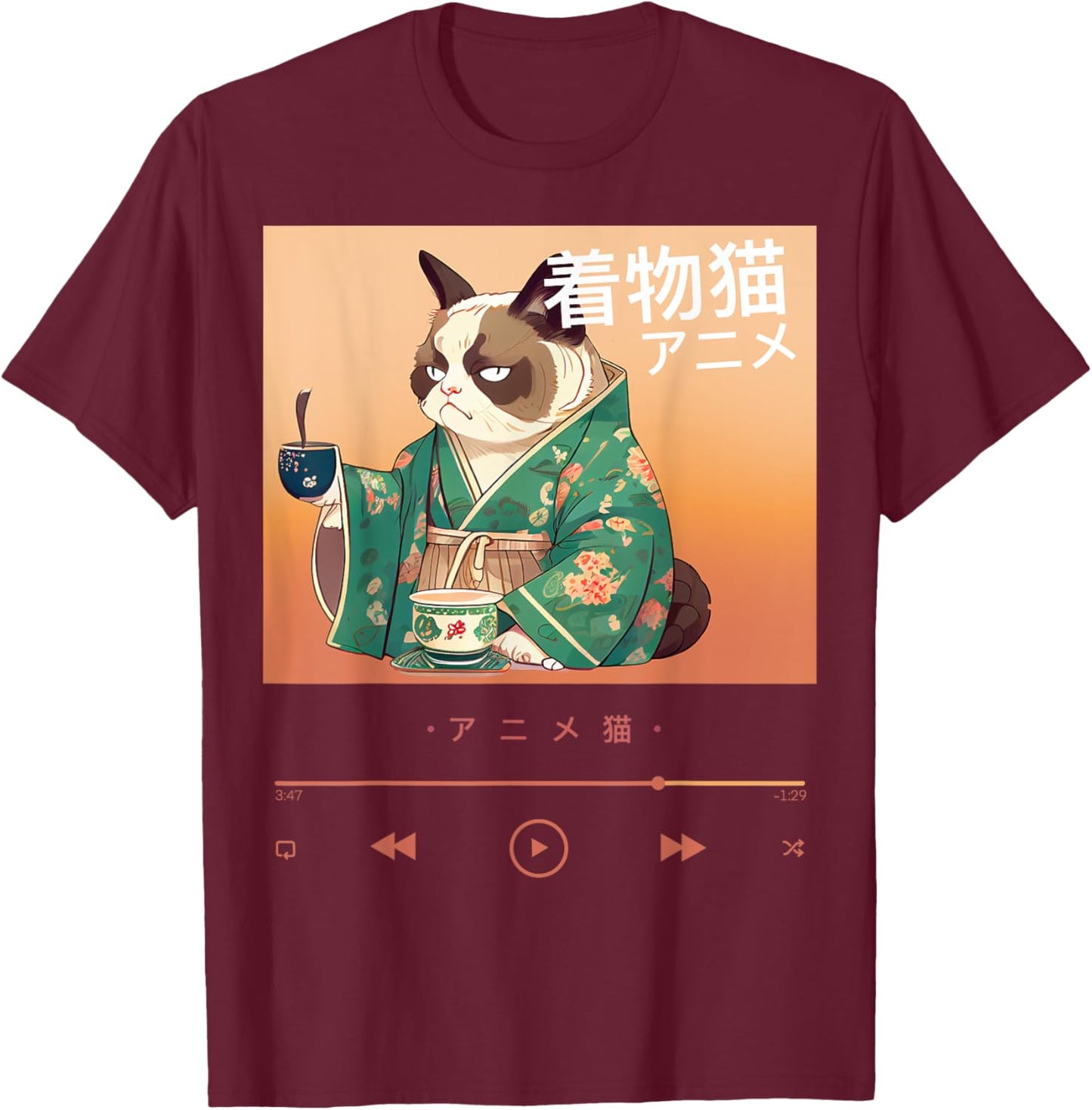 Cute Anime Cat in Colorful Japanese Outfit Men Women Kids T-Shirt - T-Shirt | Maroon
