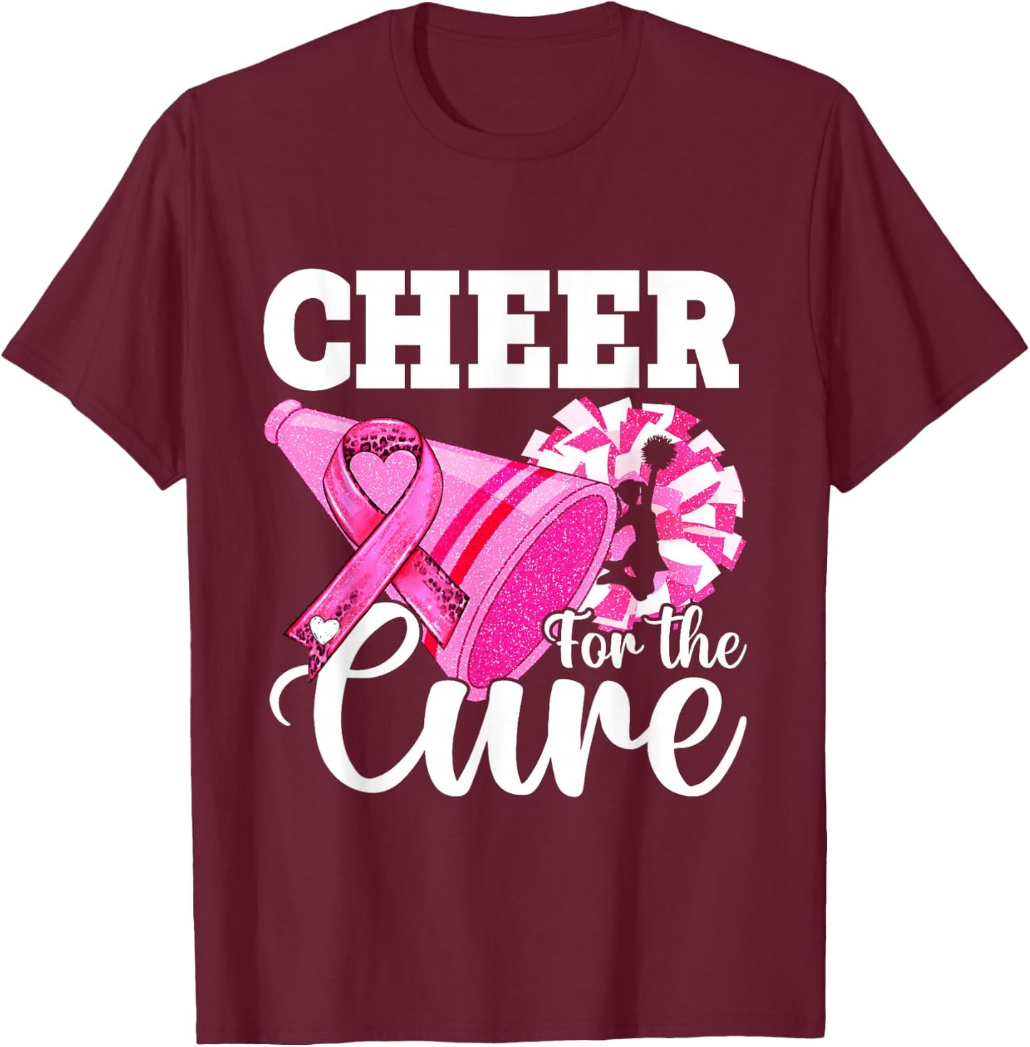 Cheer for Cure Pink Breast Cancer Awareness Cheerleader T-Shirt - T-Shirt | Maroon