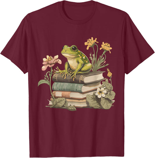 Cottagecore Aesthetic Frog Reading Book Mushroom Lover T-Shirt - T-Shirt | Maroon