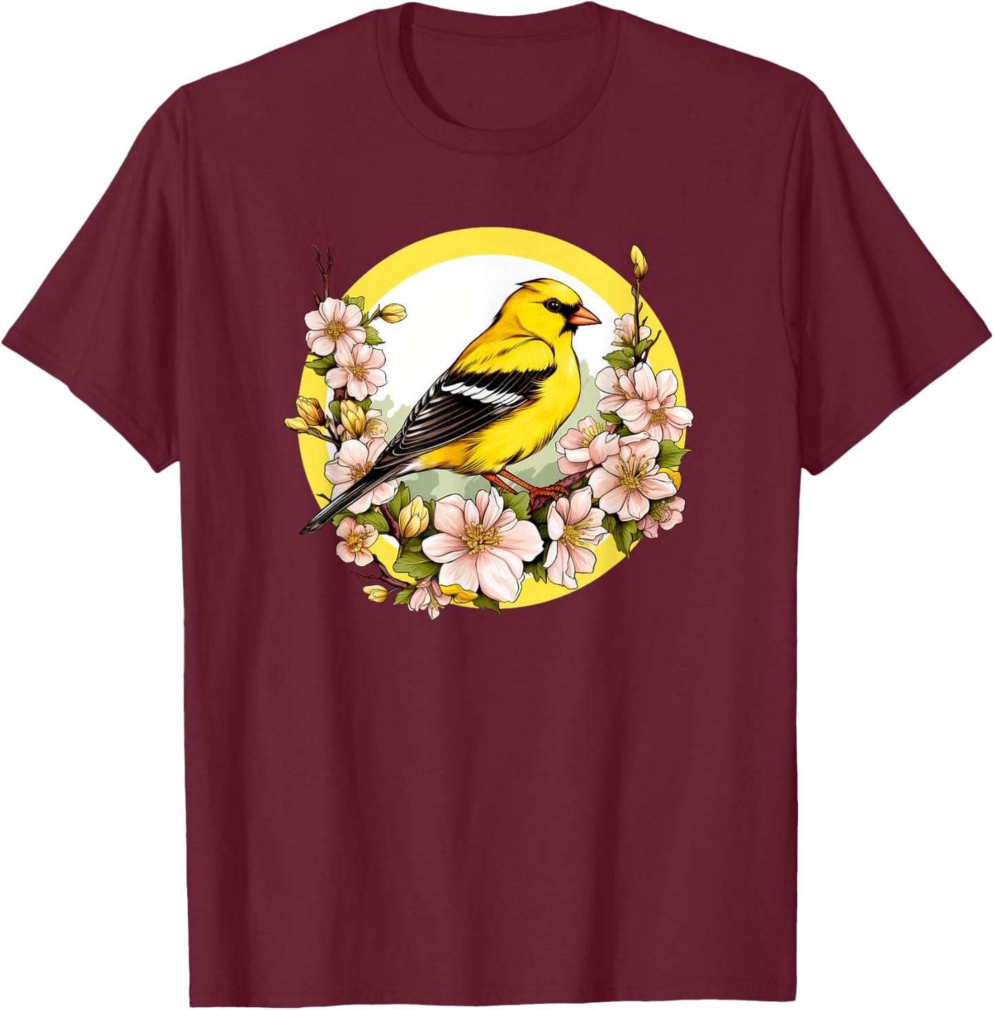 Cute Yellow Goldfinch Floral American GoldFinch T-Shirt - T-Shirt | Maroon