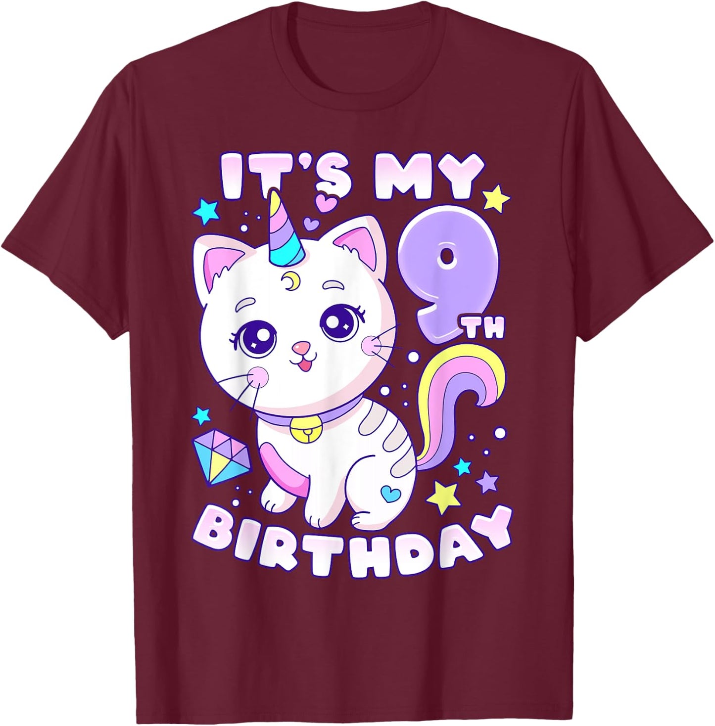 Birthday girl 9 years old, cat, unicorn, 9th birthday T-Shirt - T-Shirt | Maroon