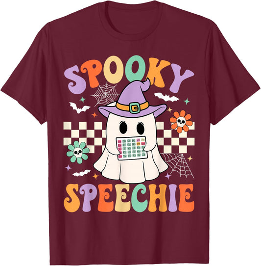 Spooky Speechie Speech Therapy Halloween Retro SLP Halloween T-Shirt - T-Shirt | Maroon