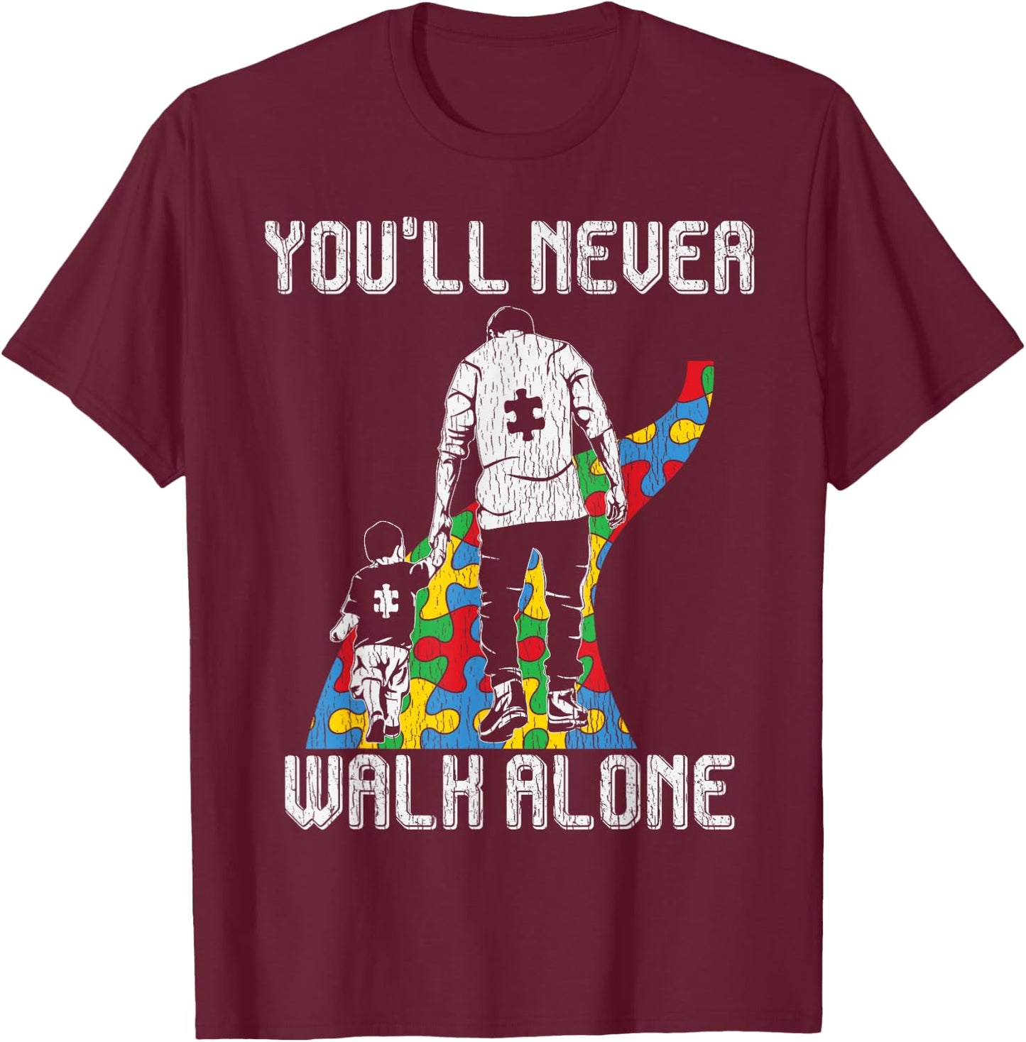 Vintage Father Son Family Autistic Kids Autism Awareness Dad T-Shirt - T-Shirt | Maroon