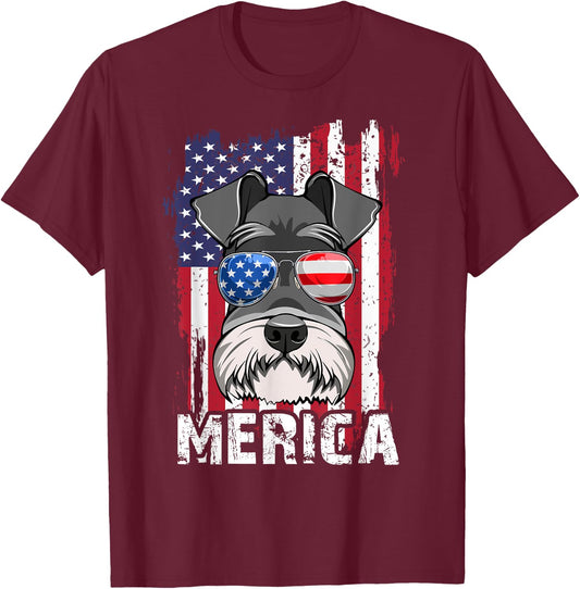 Merica 4th of July Mini Schnauzer-Shirt USA Flag Dog Mom Dad T-Shirt - T-Shirt | Maroon