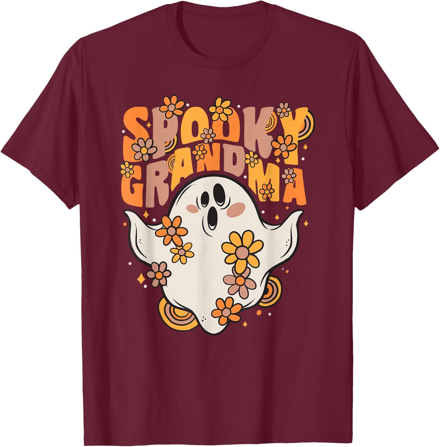 Spooky Grandma Groovy Ghost With Vintage Flowers Halloween T-Shirt - T-Shirt | Maroon