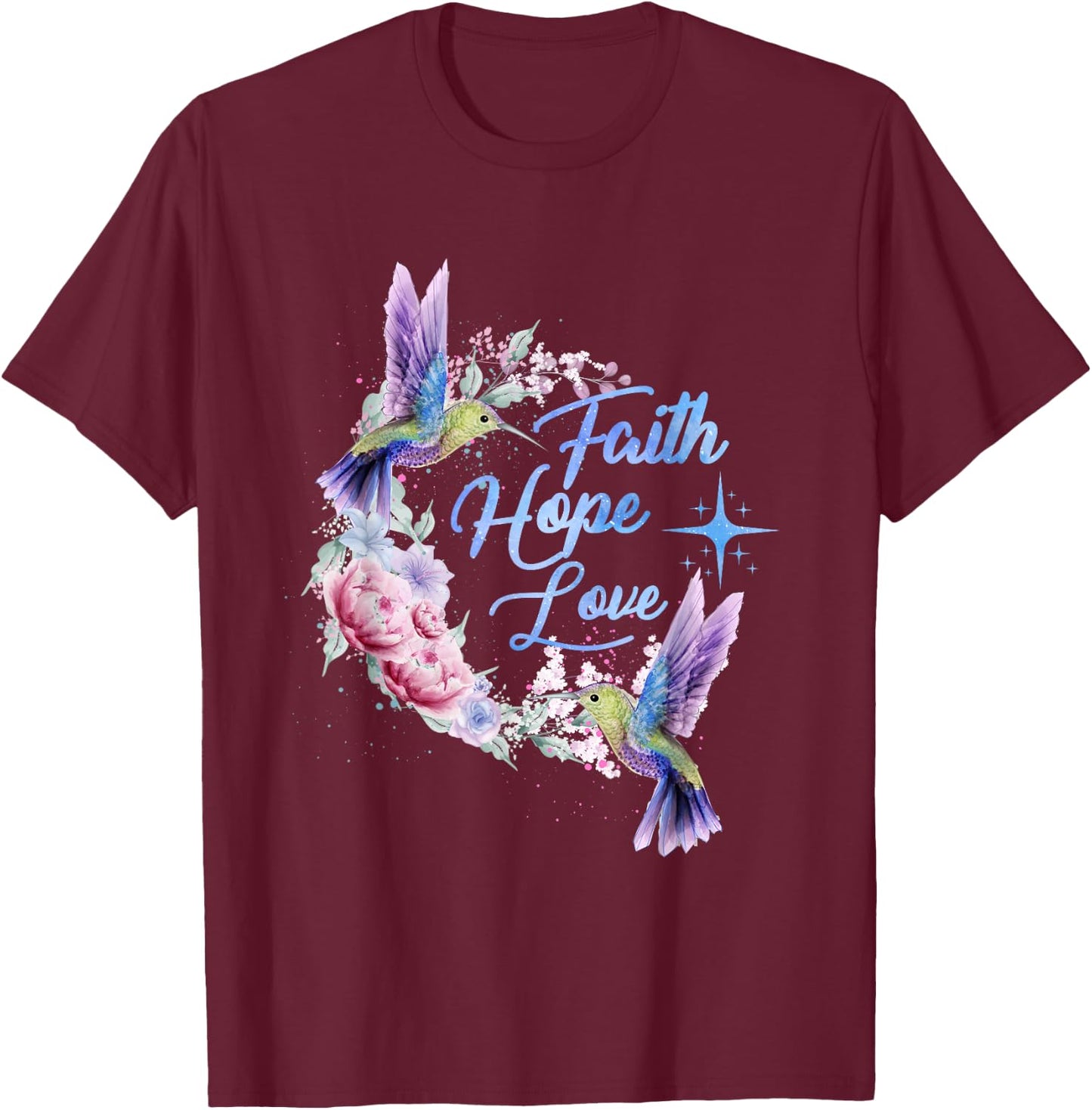 Hope Faith Love Hummingbird Picture Bird Print T-Shirt - T-Shirt | Maroon