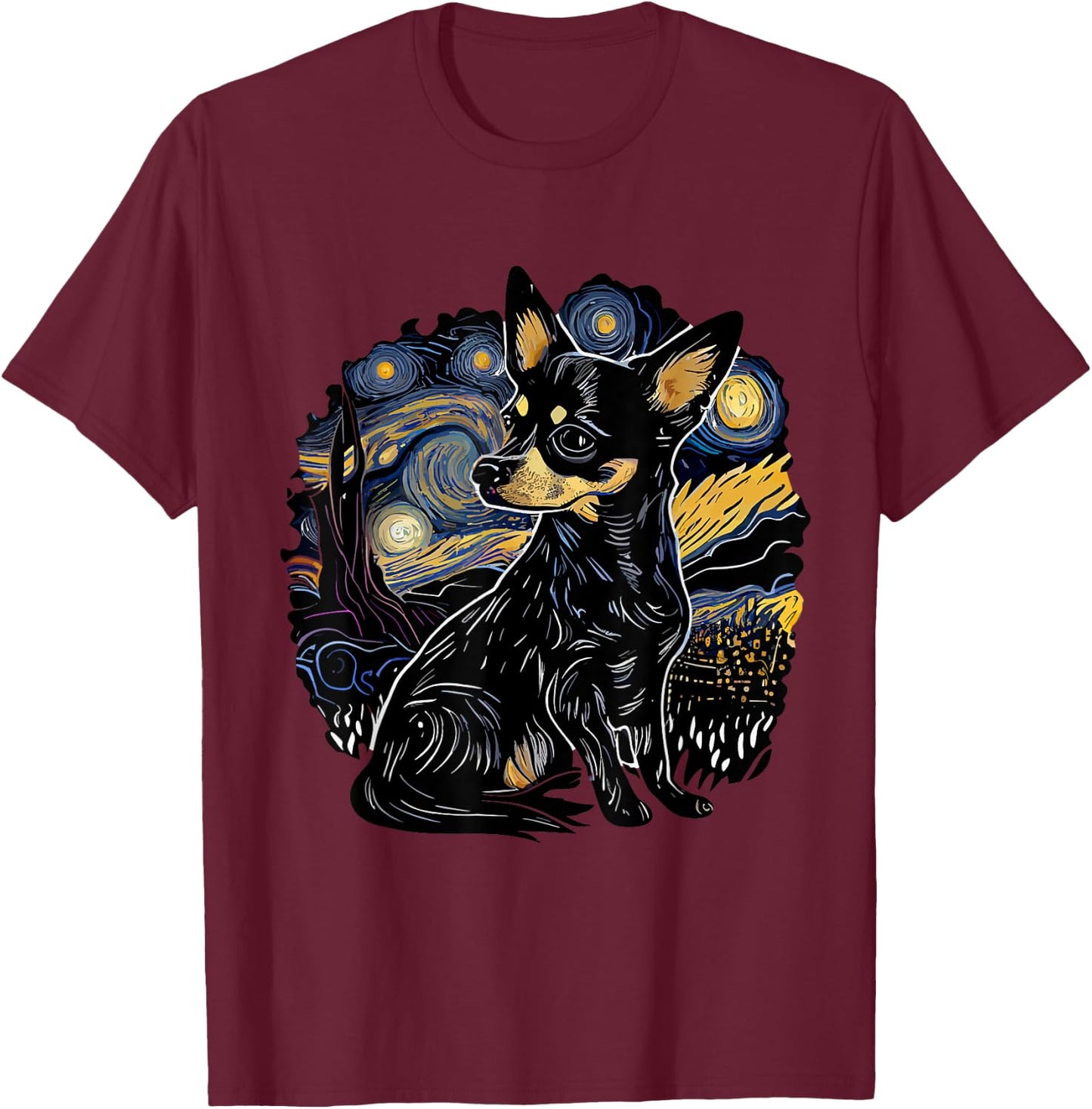 Black Chihuahua Starry Night Van Gogh Colorful T-Shirt - T-Shirt | Maroon