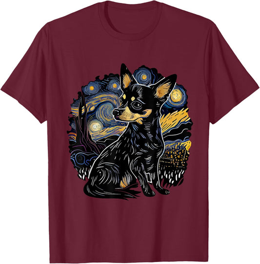 Black Chihuahua Starry Night Van Gogh Colorful T-Shirt - T-Shirt | Maroon