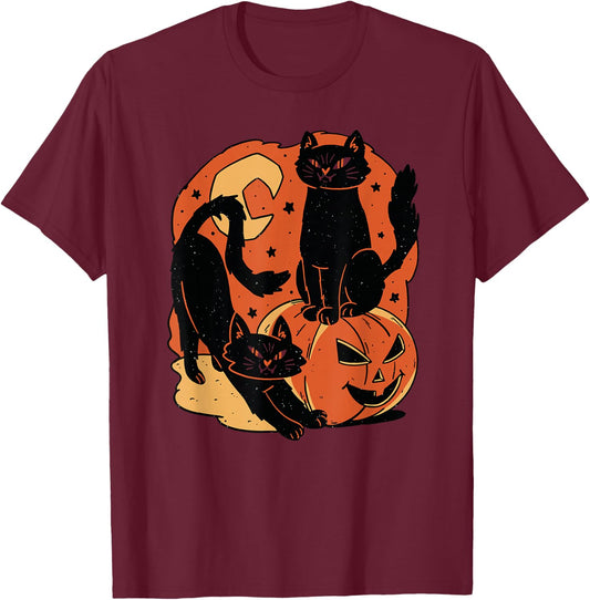 Vintage Scary Halloween Black Cats and pumpkin T-Shirt - T-Shirt | Maroon