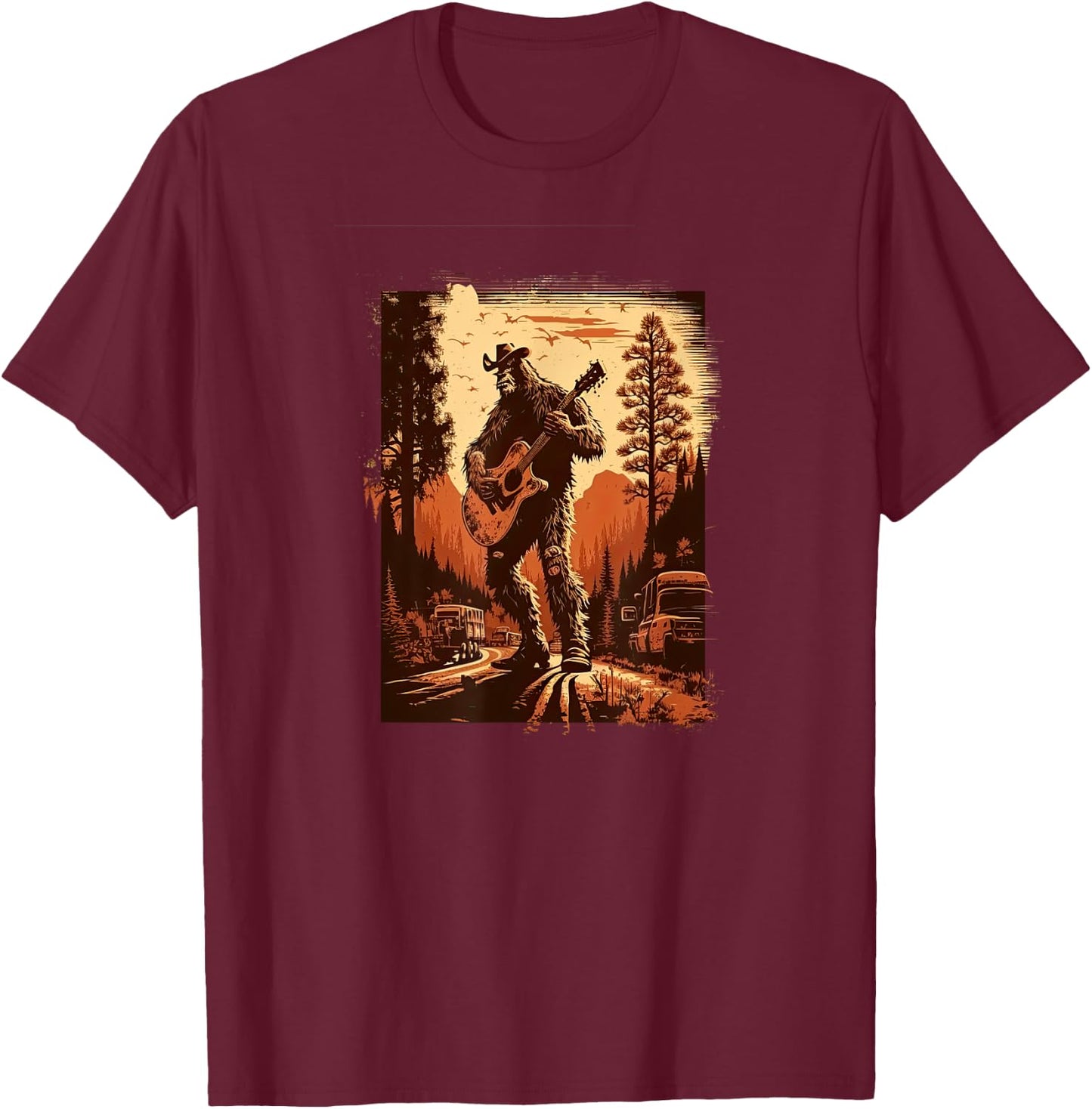 Bigfoot Sasquatch Cool Yeti Country Music Rodeo Guitar T-Shirt - T-Shirt | Maroon