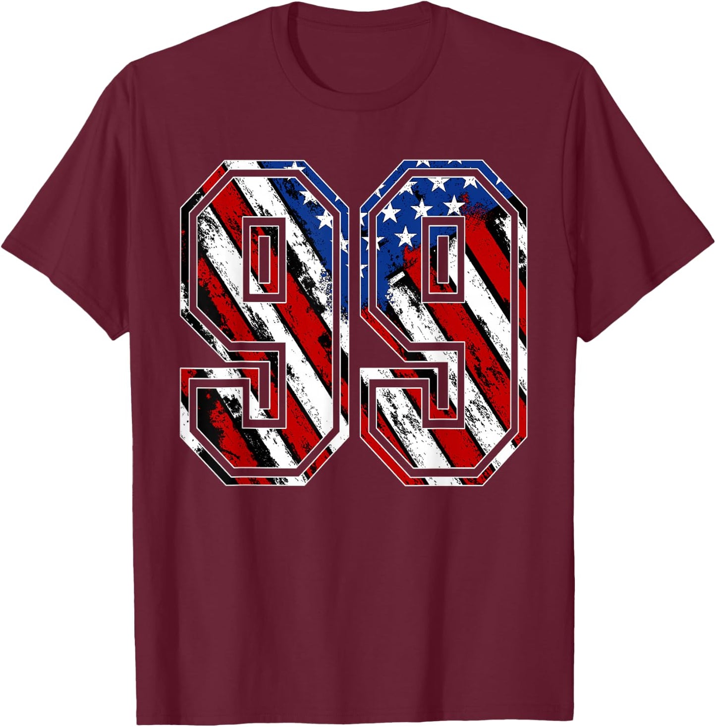 Number 99 Red White and Blue American Flag #99 Jersey Shirt T-Shirt - T-Shirt | Maroon